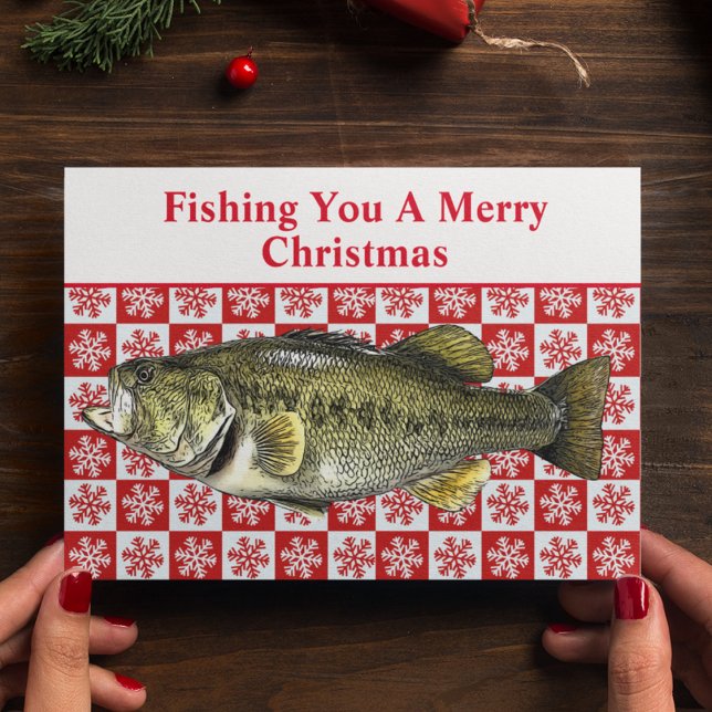 Funny Largemouth Bass Fishing Pun God Anpassningsb Helgkort (A largemouth bass fishing Christmas card with a cute pun. Fishing you a Merry Christmas.)