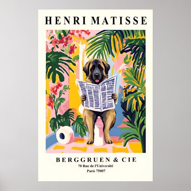 Funny Leonberger Art - Dog on Toilet, Matisse Poster (Framsidan)