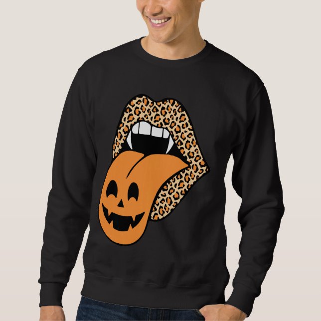 Funny Leopard Läppar Pumpkin Graphic Hallween T Sh Lång Ärmad Tröja (Framsida)