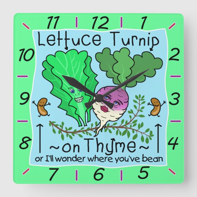 Funny Lettuce Turnip Thyme Vegetable Pun Tecknad Fyrkantig Klocka (Framsida)