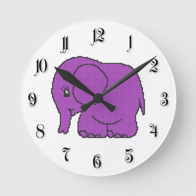 Funny lila av elefant med kor-stygn rund klocka (Framsida)