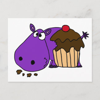 Funny Lila Hippo Eating Cupkaka Vykort