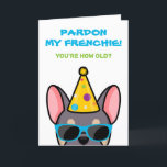 Funny Lilac Tan Fransk Bulldog Frenchie Birthday C Kort<br><div class="desc">Om du känner någon som kärlek fransk bulldog och har bra känsla för humor, så är detta roliga födelsedagskort idealiskt att skicka till dem på deras speciella dag. Utformningen är ett illustration av en lera och brunt fransk i färgad med en party hatt och solglasögon med texten "Pardon my frenchie!...</div>