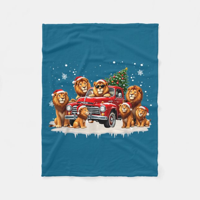Funny Lion Riding Christmas Tree Truck Christmas  Fleecefilt (Framsidan)