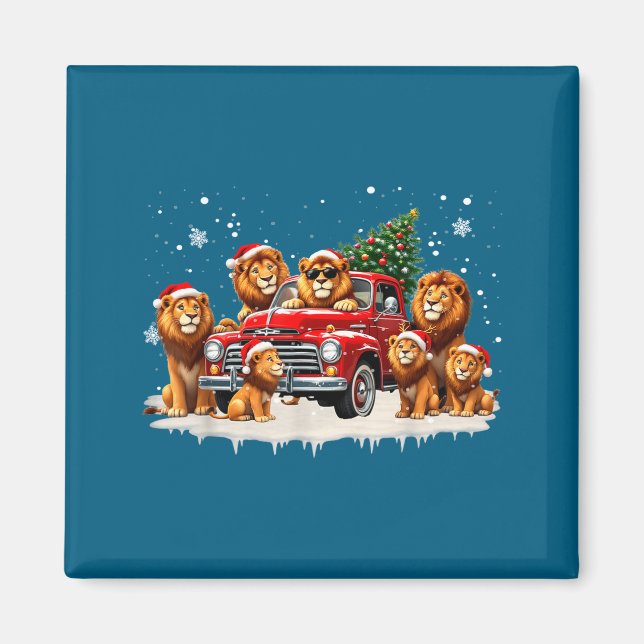 Funny Lion Riding Christmas Tree Truck Christmas  Magnet (Framsidan)