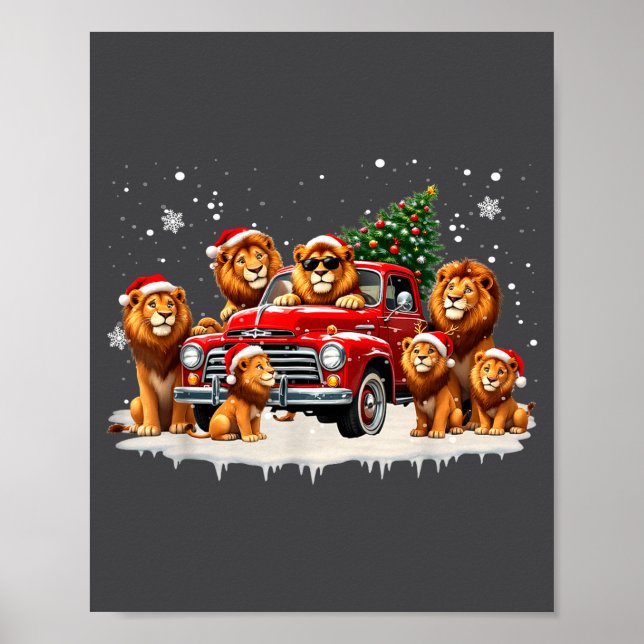 Funny Lion Riding Christmas Tree Truck Christmas  Poster (Framsidan)