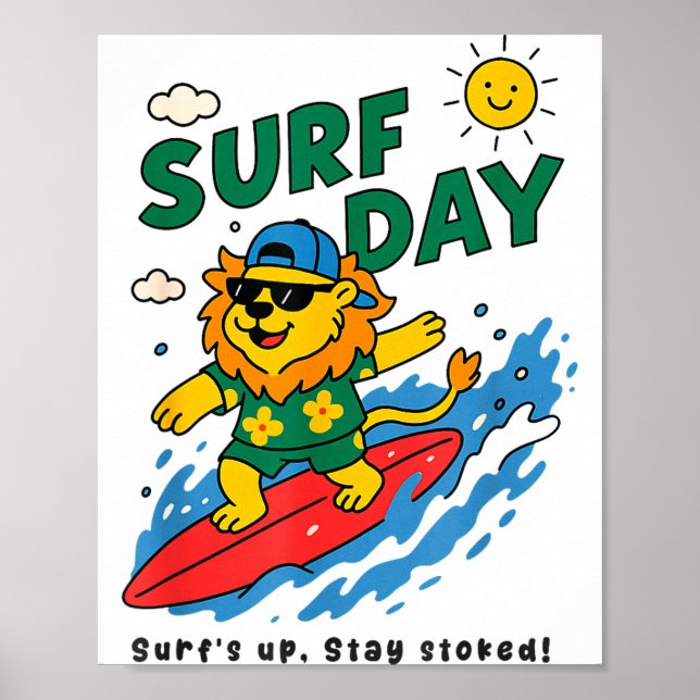 Funny Lion Surfing Summer Vacation Surf Day Boys G Poster (Framsidan)