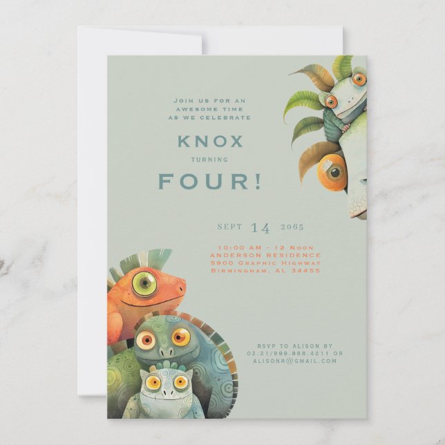 Funny Lizard 4e födelsedagen Party-inbjudan Inbjudningar (Framsida)
