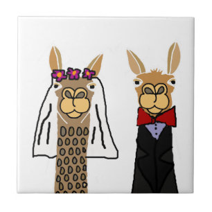 Funny Llama Bride och Groom Bröllop Art Kakelplatta