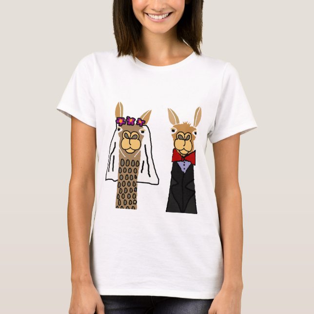 Funny Llama Bride och Groom Bröllop Art T Shirt (Framsida)