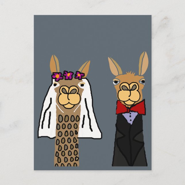 Funny Llama Bride och Groom Bröllop Art Vykort (Framsida)