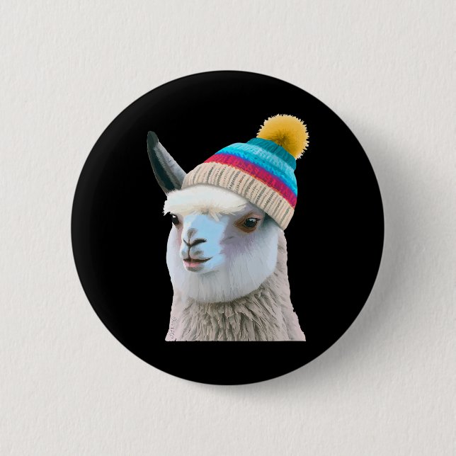Funny Llama i Beanie Pop Art Character Humor Knapp (Framsida)