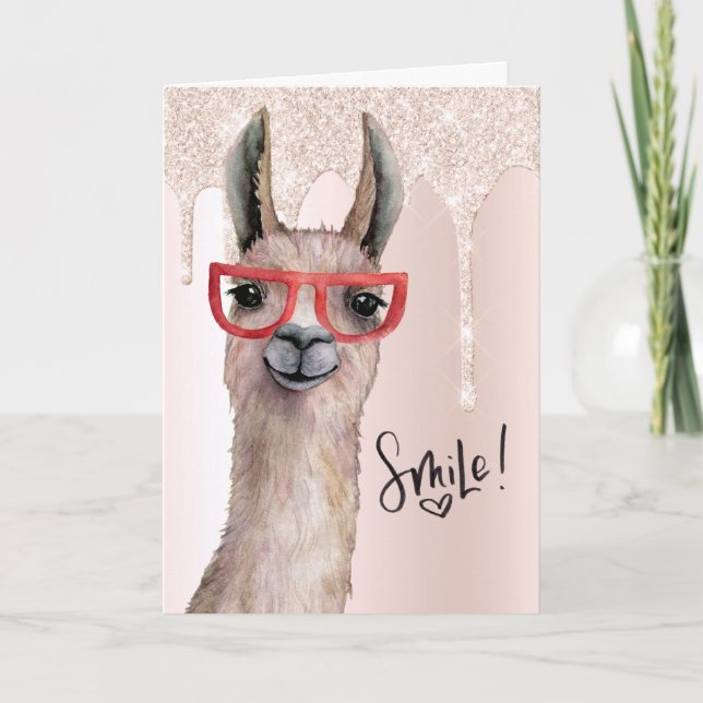 Funny Llama Rosa Glitter Tack Kort (Framsida)