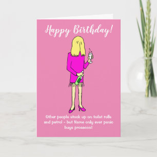 Funny Lockdown Woman Panic köper Prosecco Birthday Kort