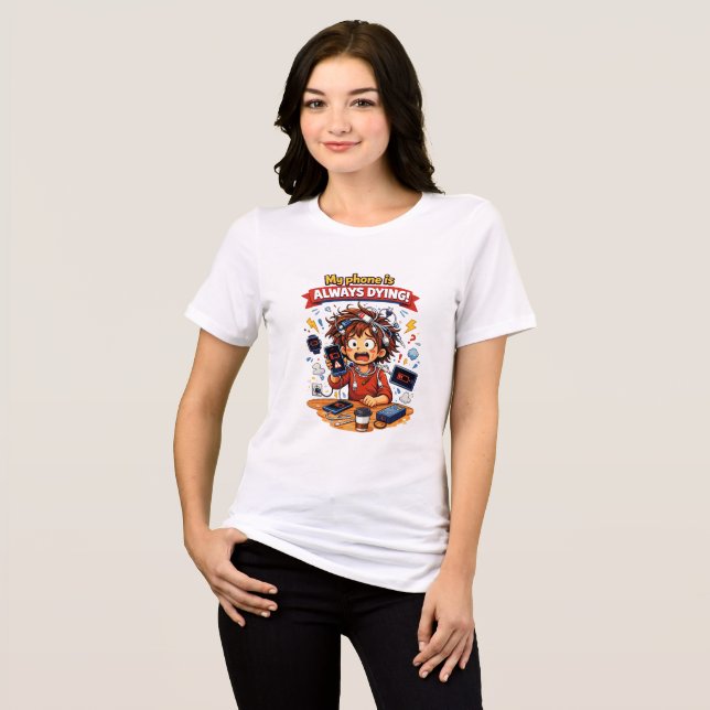 Funny Low Battery Cartoon Design T Shirt (Framsida Full)