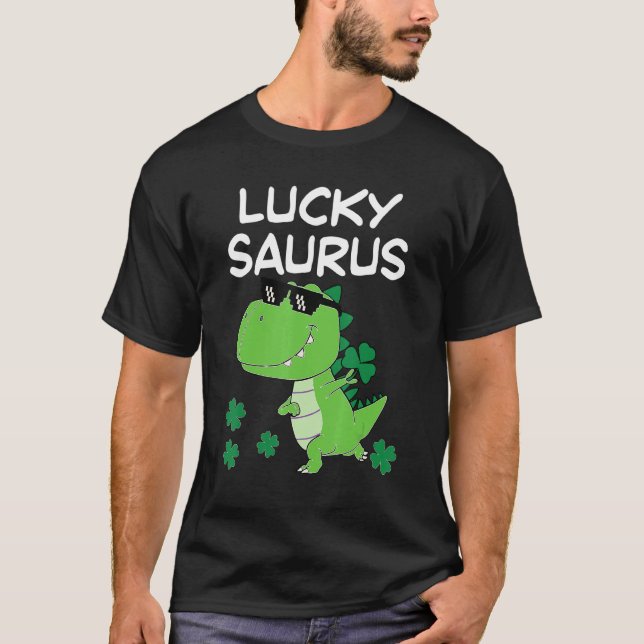 Funny Lucky Saurus Dinosaur Irish Shamrock St Patr T Shirt (Framsida)