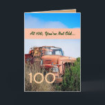 FUNNY Lycklig, 100:e födelsedagen - Vintage Orange Kort<br><div class="desc">Detta kort med vintagen lastbil i fält är ett roligt sätt att önska en mycket speciell kille grattis på födelsedagen.  All text är anpassade.  En roligt och ett slags kort!</div>