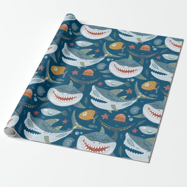 Funny Lycklig-haj Blue Ocean Animal Mönster Presentpapper (Utrullad)