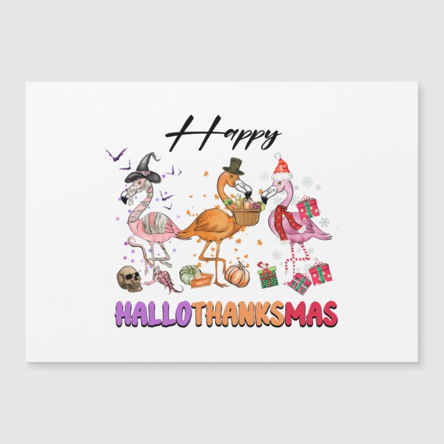 Funny Lycklig HalloThanksmas 2022 Cute Flamingo Magnetisk Inbjudningskort (Framsida)