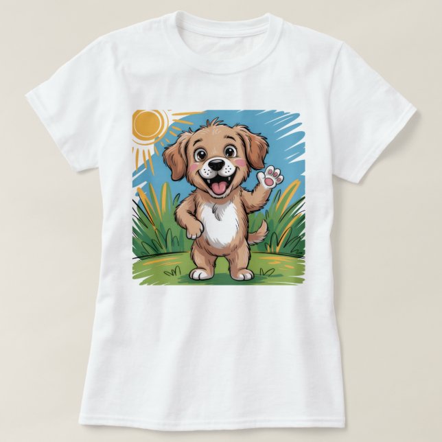 Funny Lycklig Hund Kids T-Shirt - Cute Tecknad Pup (Design framsida)