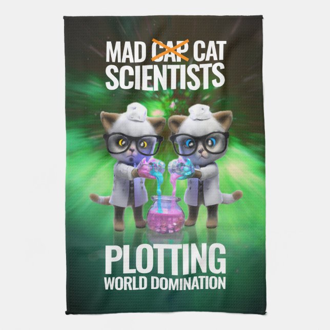 Funny Mad Cat Scientists Plotting World Doming Kökshandduk (Vertikal)