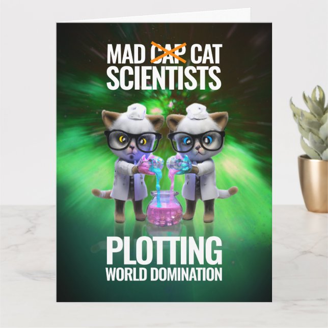 Funny Mad Cat Scientists Plotting World Doming Kort (Liten växt)