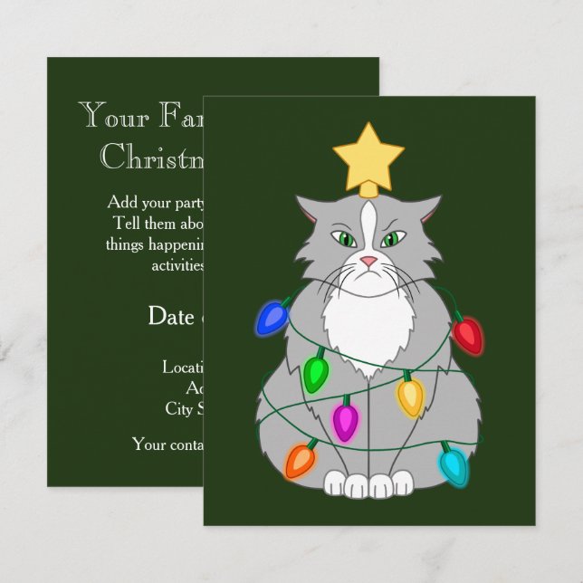 Funny Mad Julgran Cat i Colorful Ljus Inbjudningar (Fram/baksida)