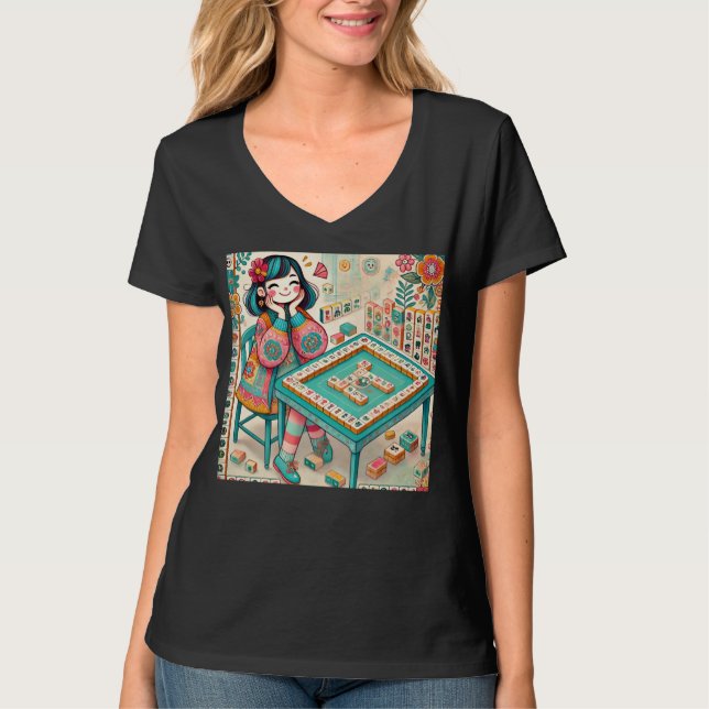 Funny Mahjong Chick Design for Women Girls Mahjong T Shirt (Framsida)