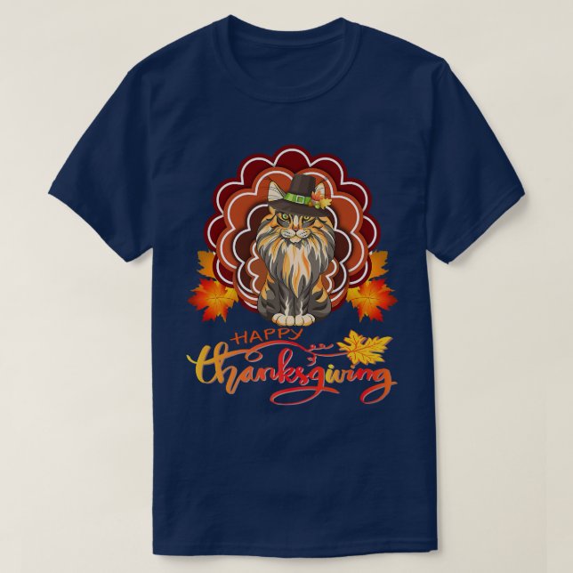 Funny Maine Coon Cat Turkey Happy thanksgiving T Shirt (Design framsida)