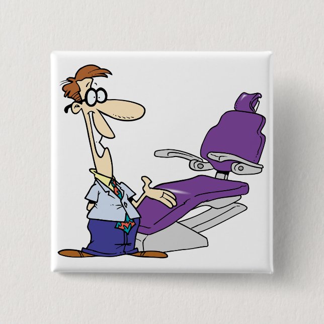 Funny Male Dentist and Purple Dental Chair Knapp (Framsida)