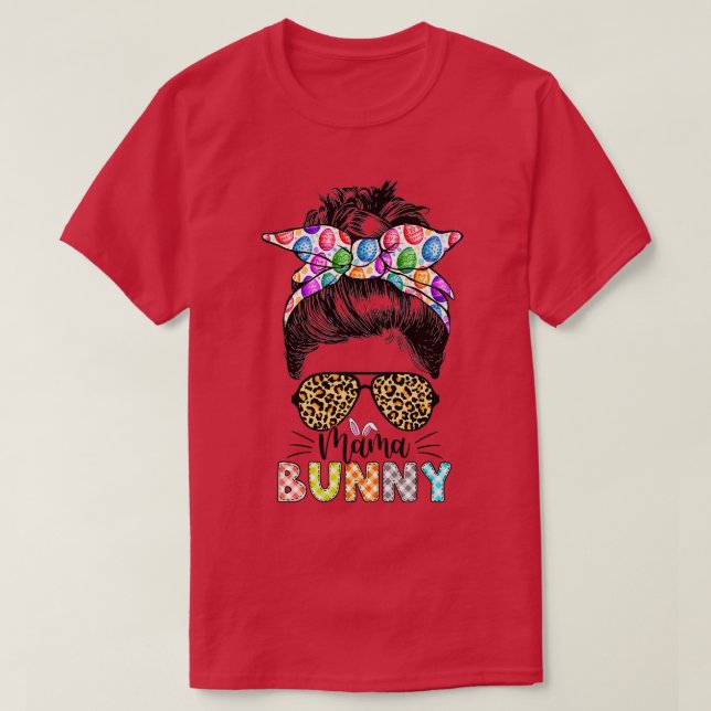 Funny Mamma Bunny Leopard Messy Bun Glad påsk Da T Shirt (Design framsida)