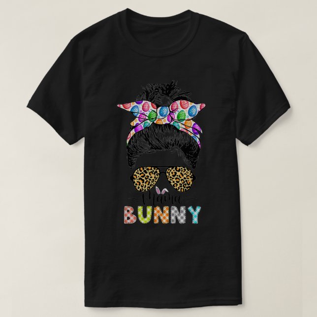 Funny Mamma Bunny Leopard Messy Bun Glad påsk Da T Shirt (Design framsida)