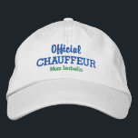 Funny Mamma Hat Officiell Chauffeur-eget namn Broderad Keps<br><div class="desc">Perfektens hatt för mamma som alltid jagar barnen från aktivitet till aktivitet! Den här roliga basebollhatten i stil har ord "Officiell Chauffeur" och sedan "Mamma Ditt namn" nedan (eller ersätt med din ordalydelse). Ändra enkelt textens färg och hatten. Oavsett om du är upptagen i mamma eller känner till en, får...</div>