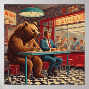 Funny Man och Bear på Retro Middag Poster