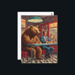 Funny Man och Bear på Retro Middag Vykort<br><div class="desc">AI skapade konsten man och bar sitta vid en bord vid en återtro middag</div>