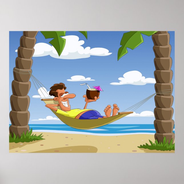 Funny Man Relaxing in Beach Hammock Poster (Framsidan)