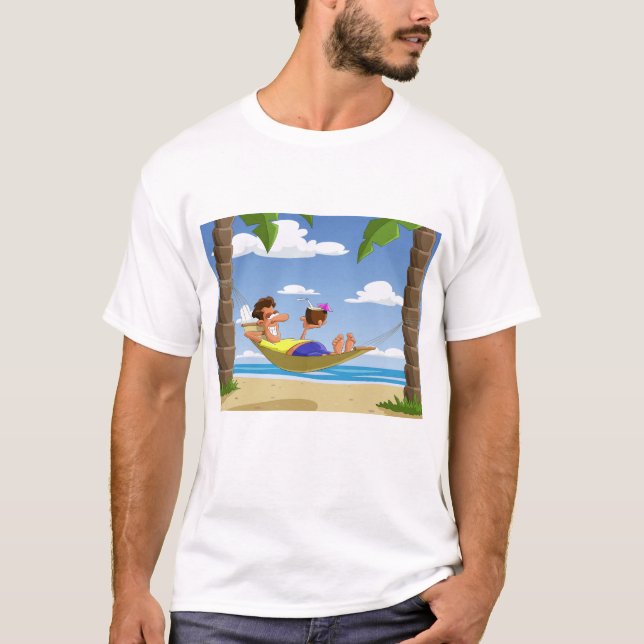 Funny Man Relaxing in Beach Hammock T Shirt (Framsida)