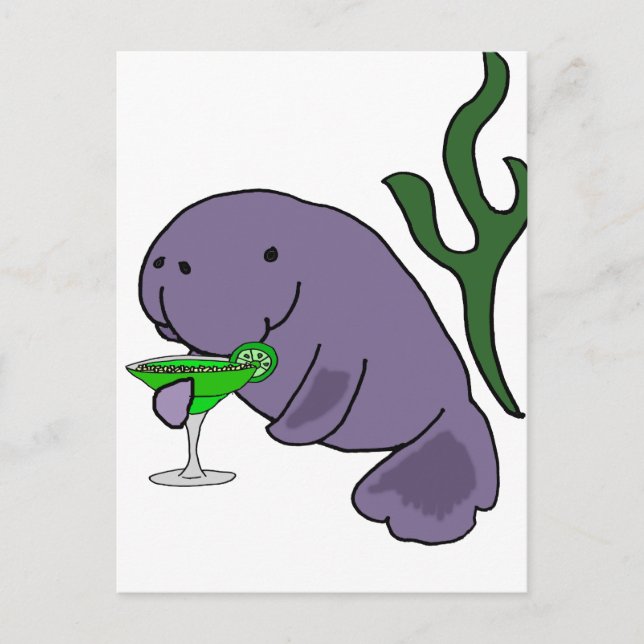 Funny Manatee Drinking Margarita Tecknad Vykort (Framsida)