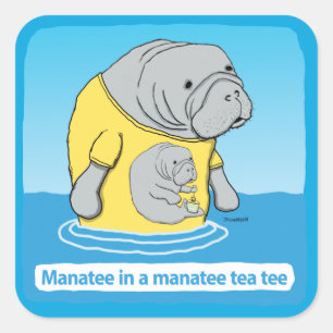 Funny Manatee i Tea Tee Fyrkantigt Klistermärke