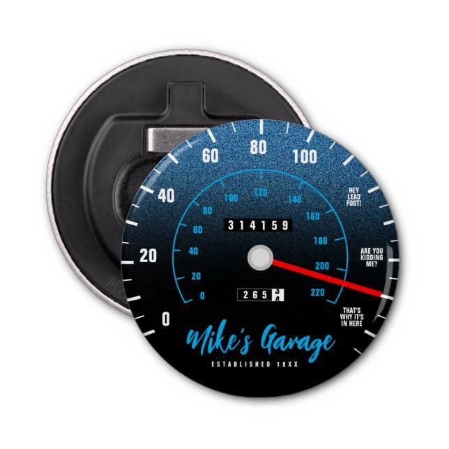 Funny Manly Car Odometer Speedometer Blue Glitter Flasköppnare (Framsidan)