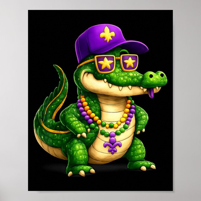 Funny Mardi Gras Alligator Beads Carnival Celebrat Poster (Framsidan)