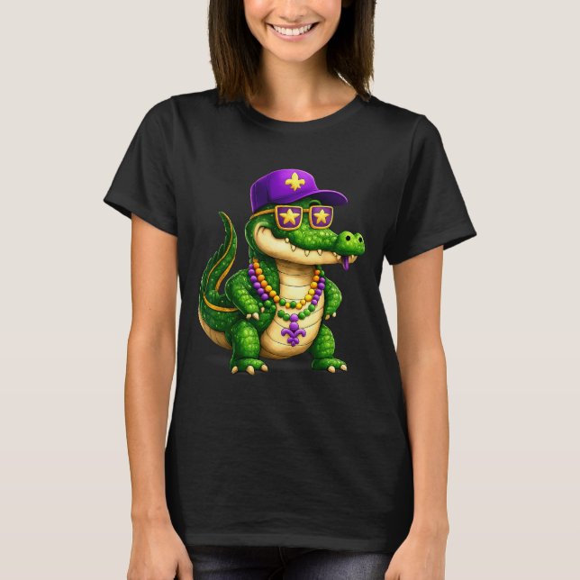 Funny Mardi Gras Alligator Beads Carnival Celebrat T Shirt (Framsida)