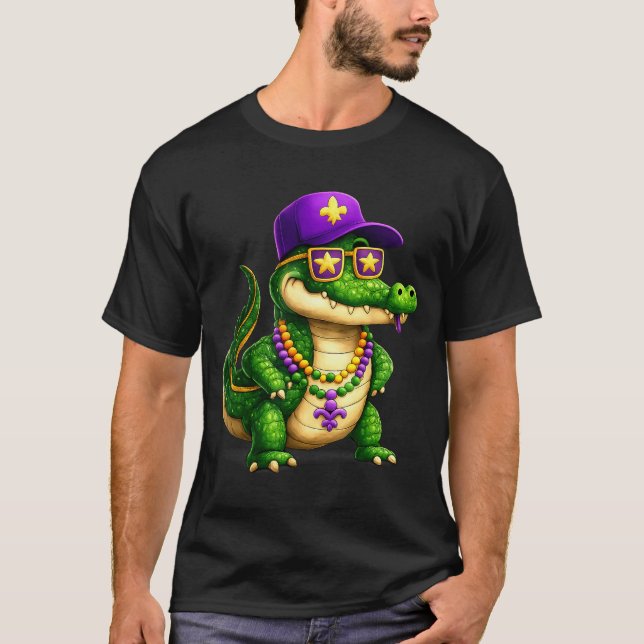 Funny Mardi Gras Alligator Beads Carnival Celebrat T Shirt (Framsida)
