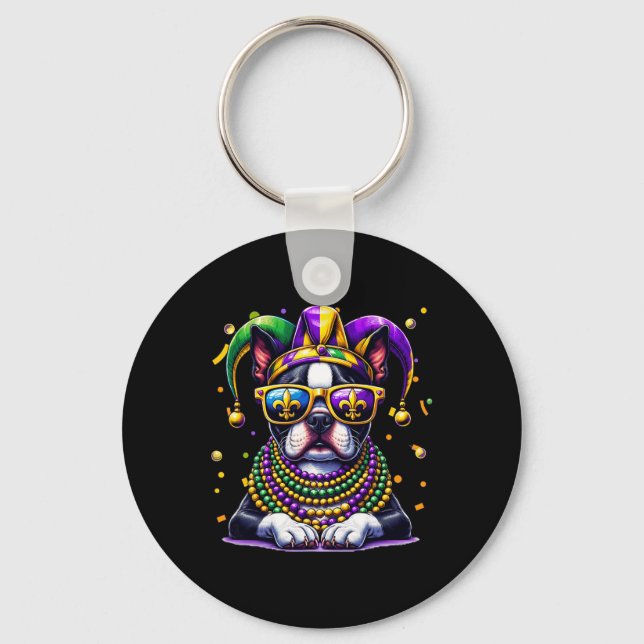 Funny Mardi Gras Bead Boston Terrier Hund Festival Nyckelring (Framsida)