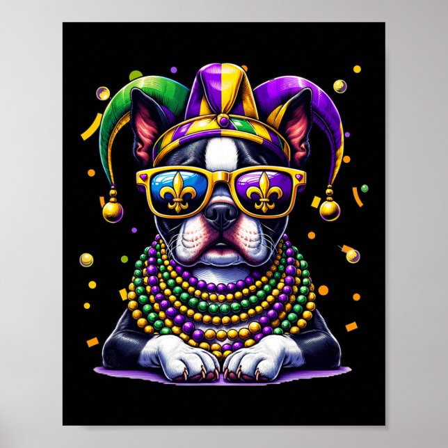 Funny Mardi Gras Bead Boston Terrier Hund Festival Poster (Framsidan)