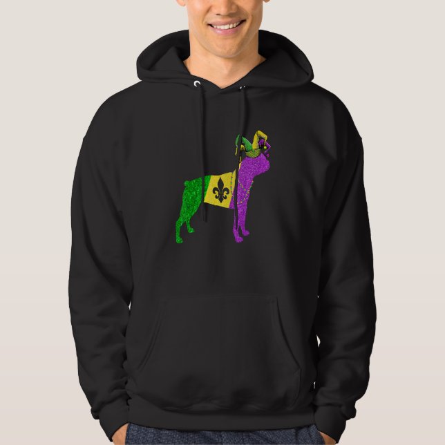 Funny Mardi Gras Boston Terrier Dog Mardi Gras Hat Hoodie (Framsida)