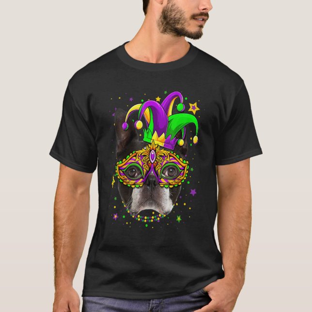 Funny Mardi Gras Boston Terrier Hund Pärlor Mask M T Shirt (Framsida)