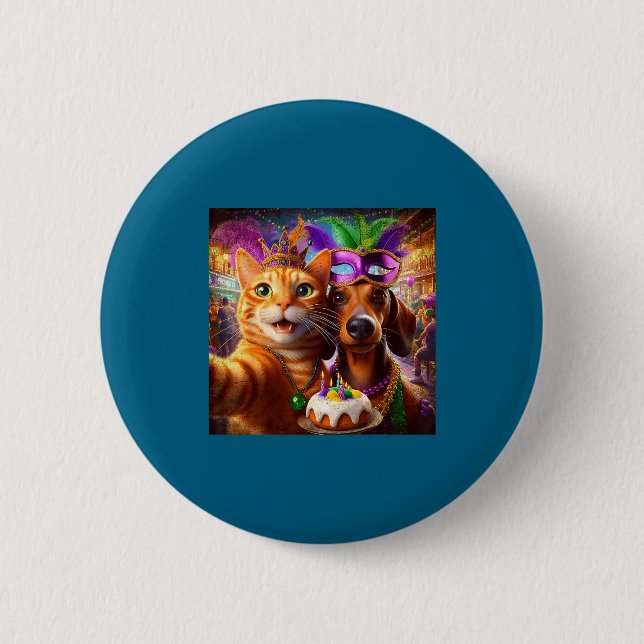 Funny Mardi Gras Cat Dachshund Selfie Squad  Knapp (Framsida)