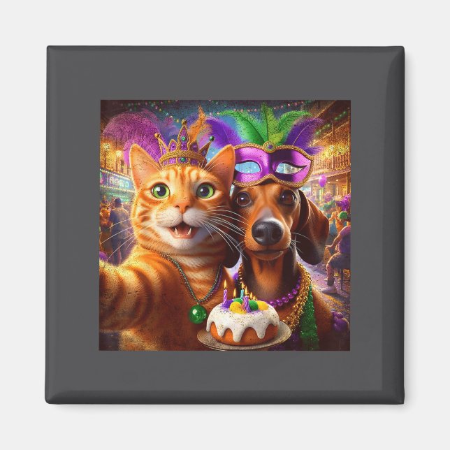 Funny Mardi Gras Cat Dachshund Selfie Squad  Magnet (Framsidan)