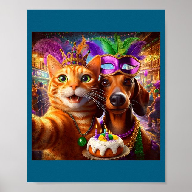 Funny Mardi Gras Cat Dachshund Selfie Squad  Poster (Framsidan)